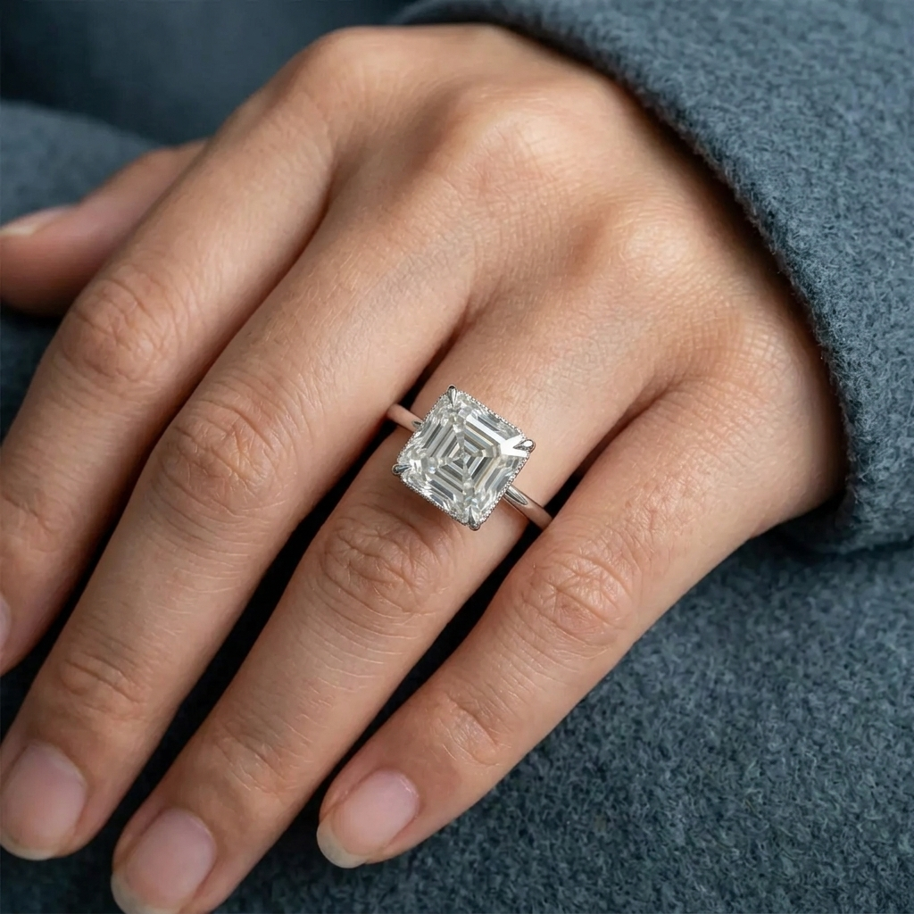 A close-up of a hand wearing a white gold ring with a large, asscher-cut clear gemstone. The ring is shown on a finger against a dark gray knit sleeve background.