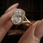 Side profile detail of a 3 CT cushion lab diamond ring showing the V-shaped split shoulder band and beaded frame.