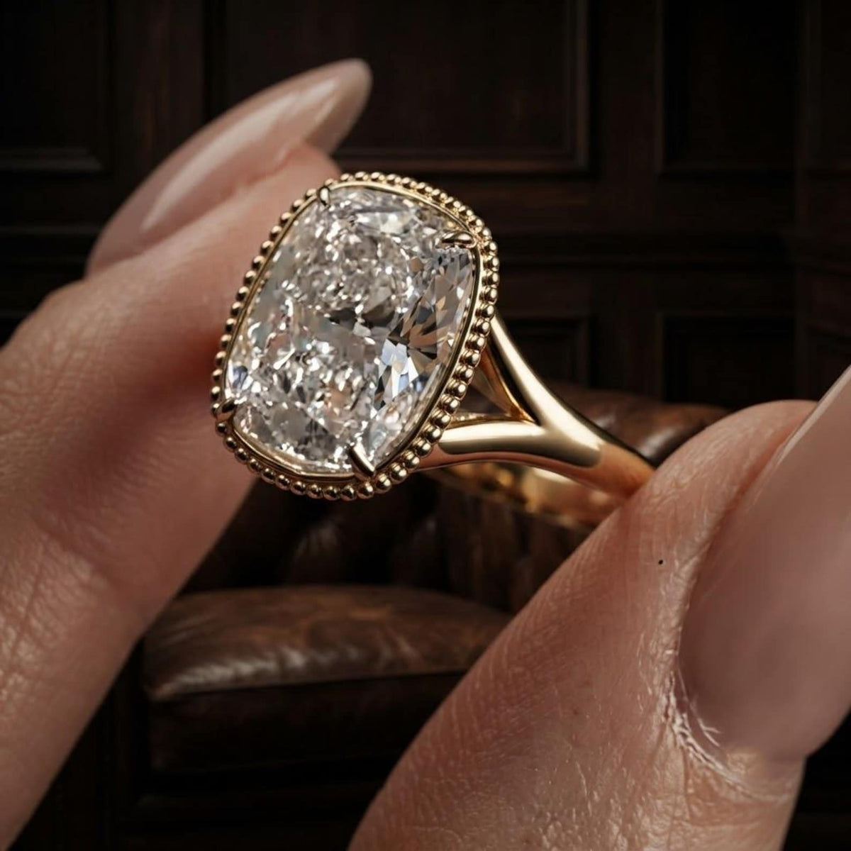 Side profile detail of a 3 CT cushion lab diamond ring showing the V-shaped split shoulder band and beaded frame.