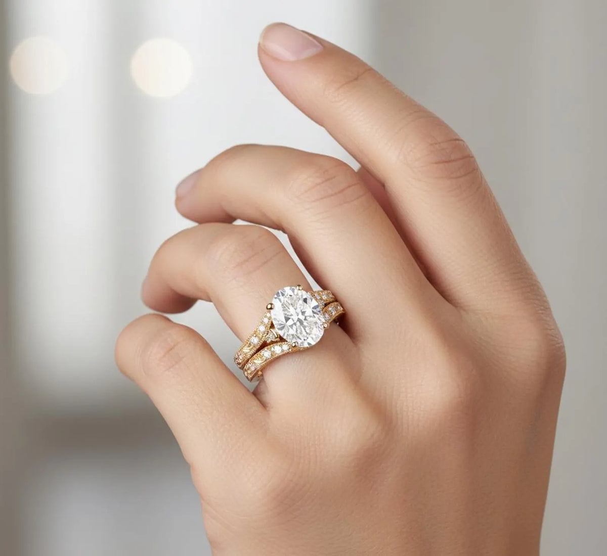 On hand model view of a 2 carat oval lab grown diamond vintage filigree engagement ring stack in yellow gold.