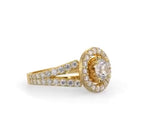 Three-quarter view of a 2ct round lab diamond halo ring featuring a double row pave split band in yellow gold.