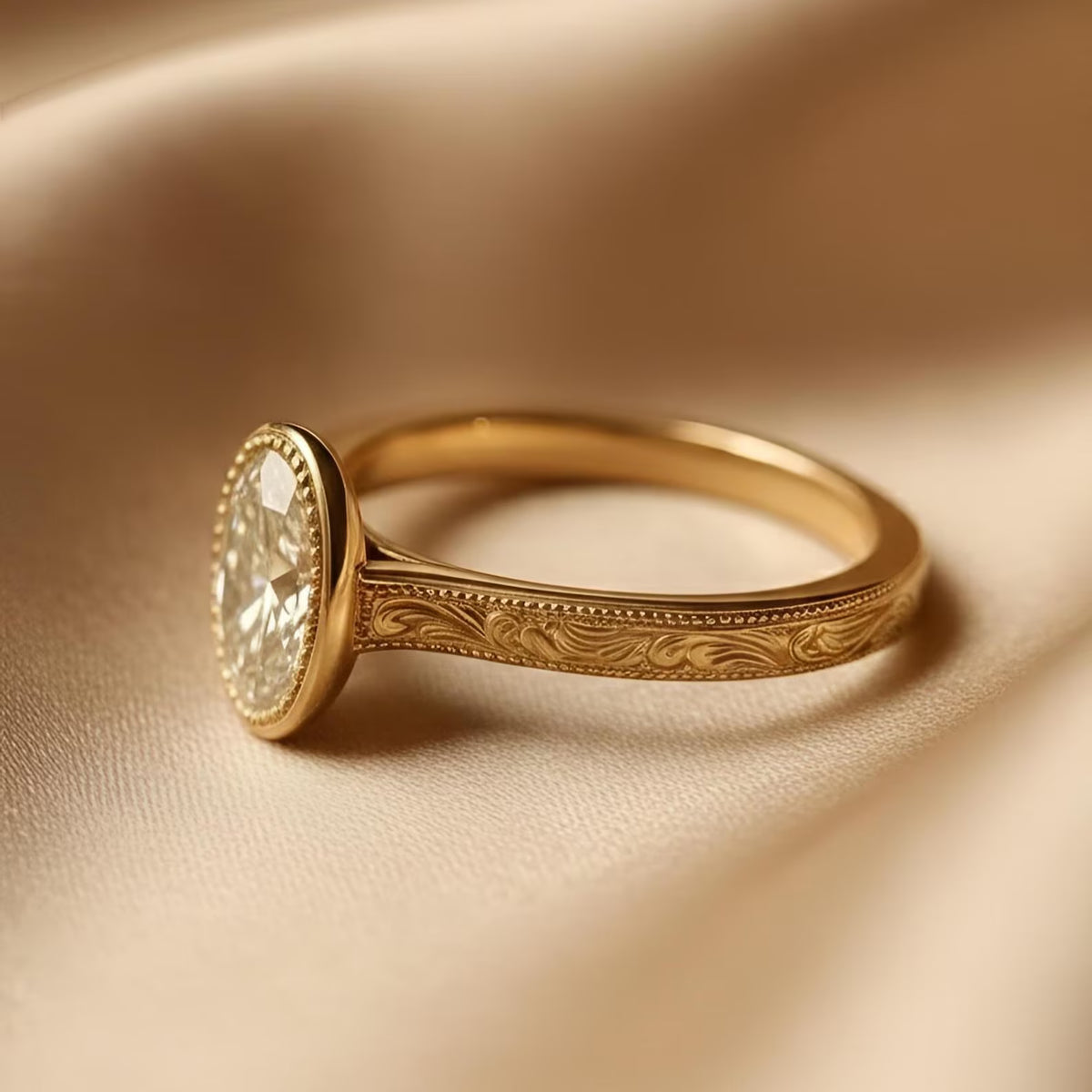 Side profile showing floral engraved scrollwork on yellow gold 2 CT oval lab diamond bezel ring.