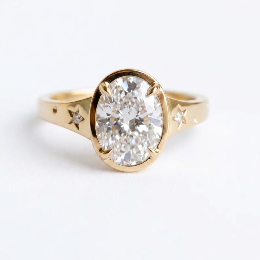 Top-down view showing the brilliance of a 3ct oval lab-created diamond in a bezel setting with star accents on yellow gold.