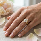 Hand modeling view of the 4 carat oval lab grown diamond vintage filigree engagement ring showcasing scale and fit.