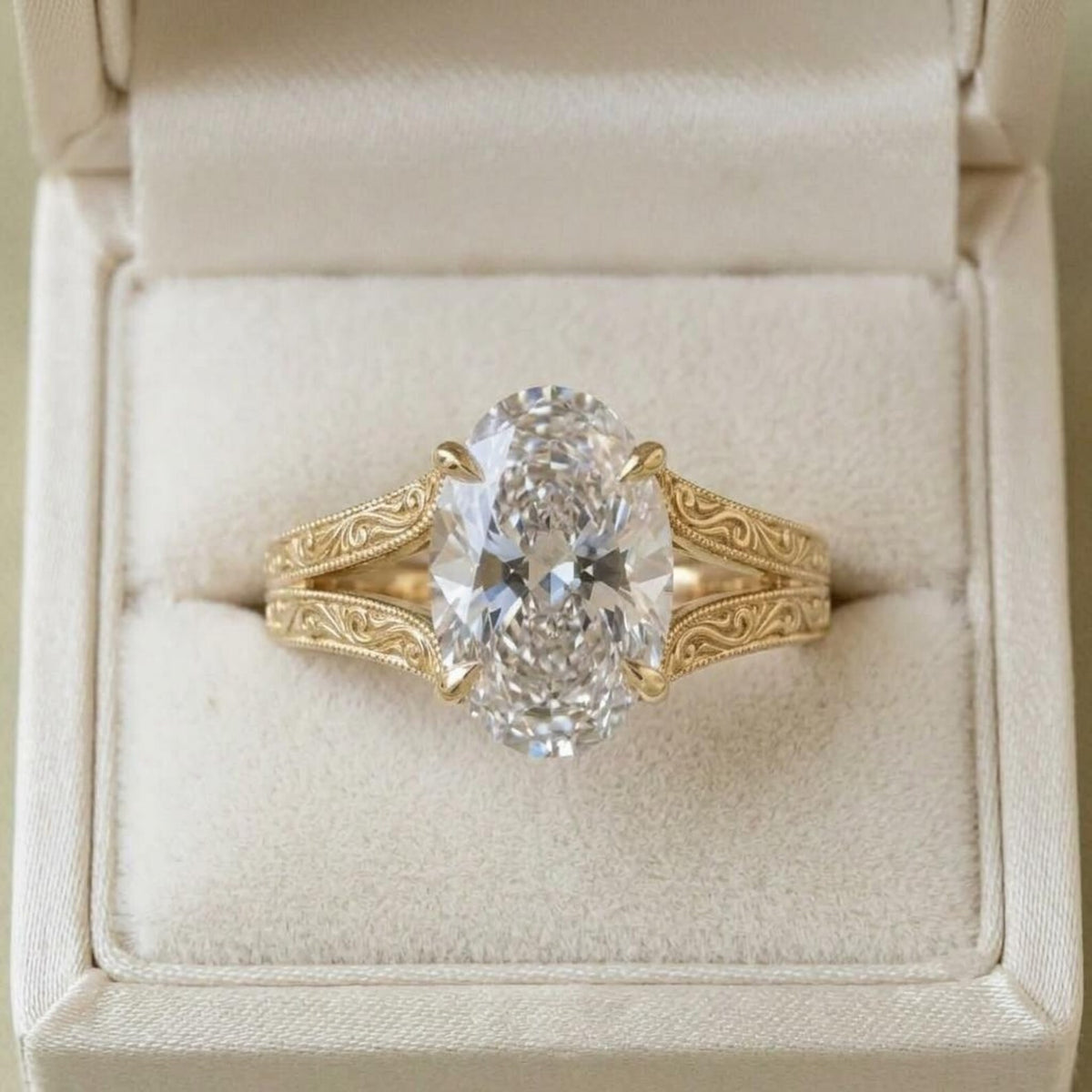 Elegant close-up of the 4 ct oval lab grown diamond ring resting gracefully inside a luxury presentation jewelry box.