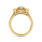 Full side profile view of a 2 CT round lab-grown diamond engagement ring with a cathedral bridge and milgrain band in 14K yellow gold.