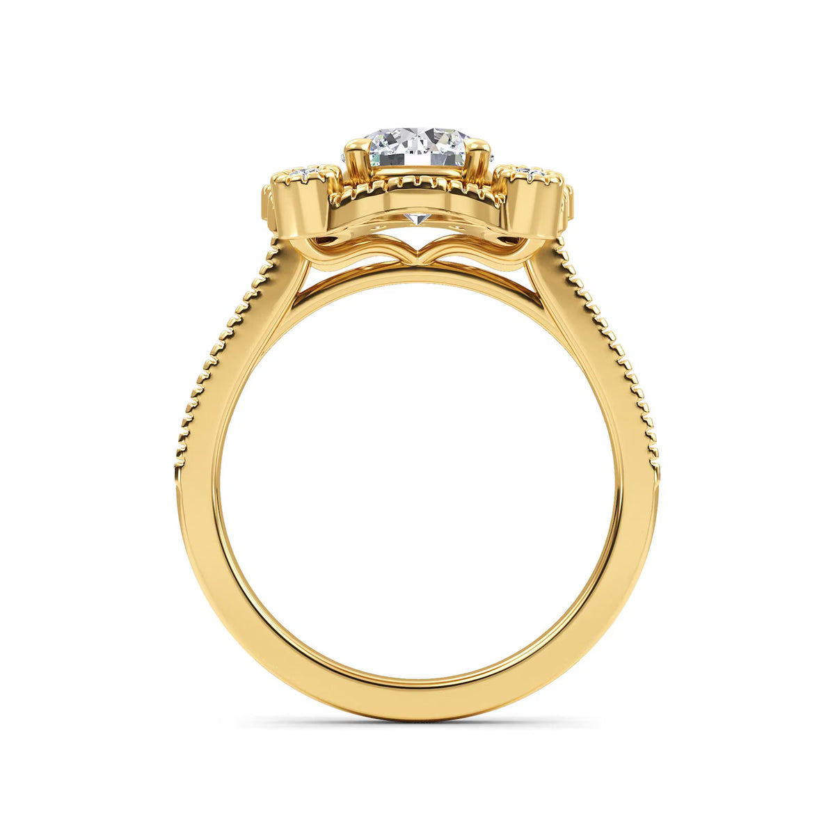 Full side profile view of a 2 CT round lab-grown diamond engagement ring with a cathedral bridge and milgrain band in 14K yellow gold.