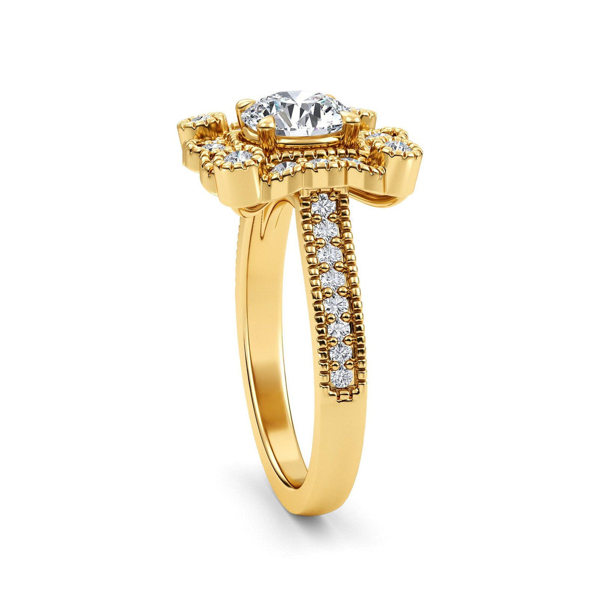 Three-quarter angle view of a 2 carat round lab-grown diamond ring featuring a scalloped vintage floral halo in yellow gold.