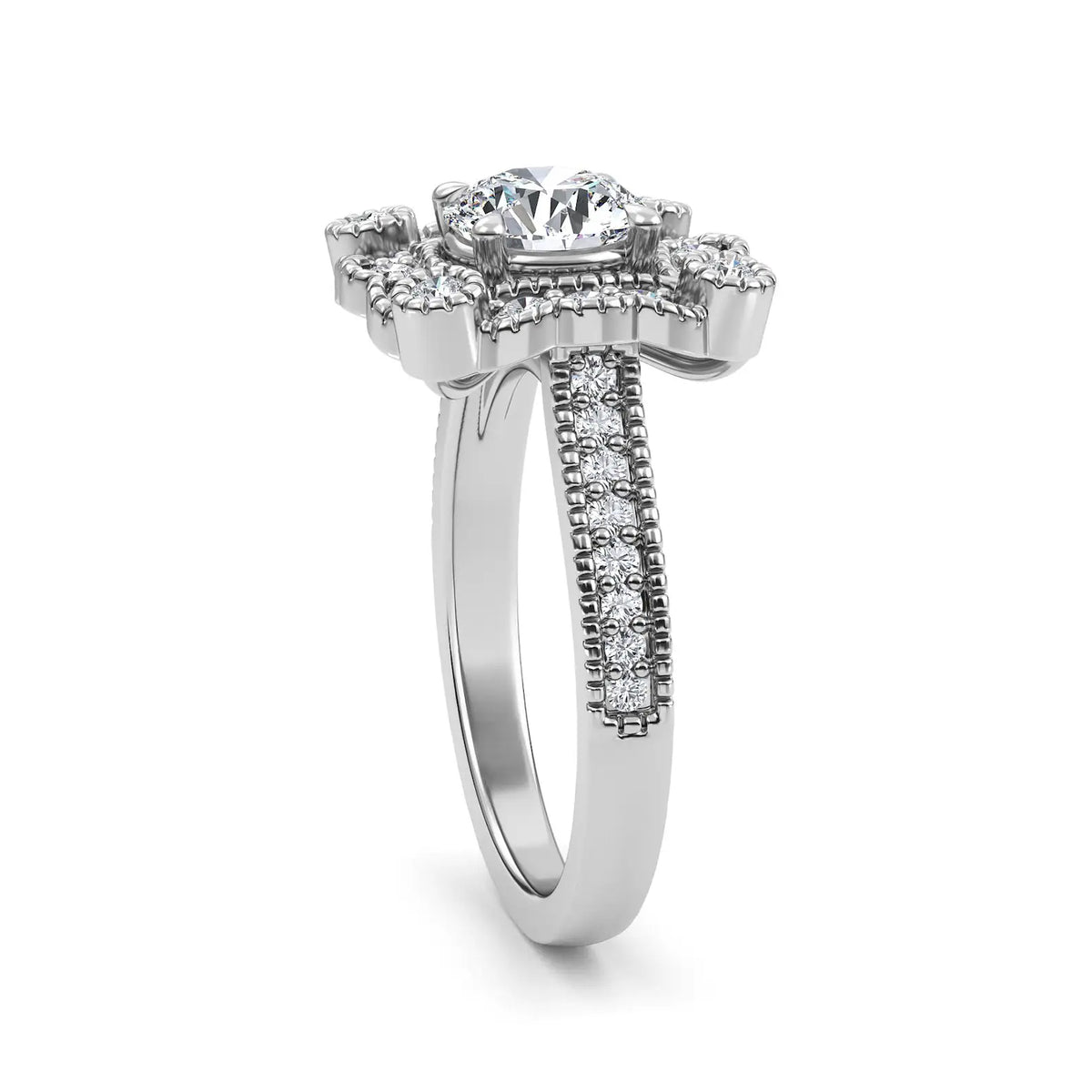 Three-quarter perspective of a 2 CT round lab diamond vintage floral halo engagement ring with milgrain pave band in 14K white gold.
