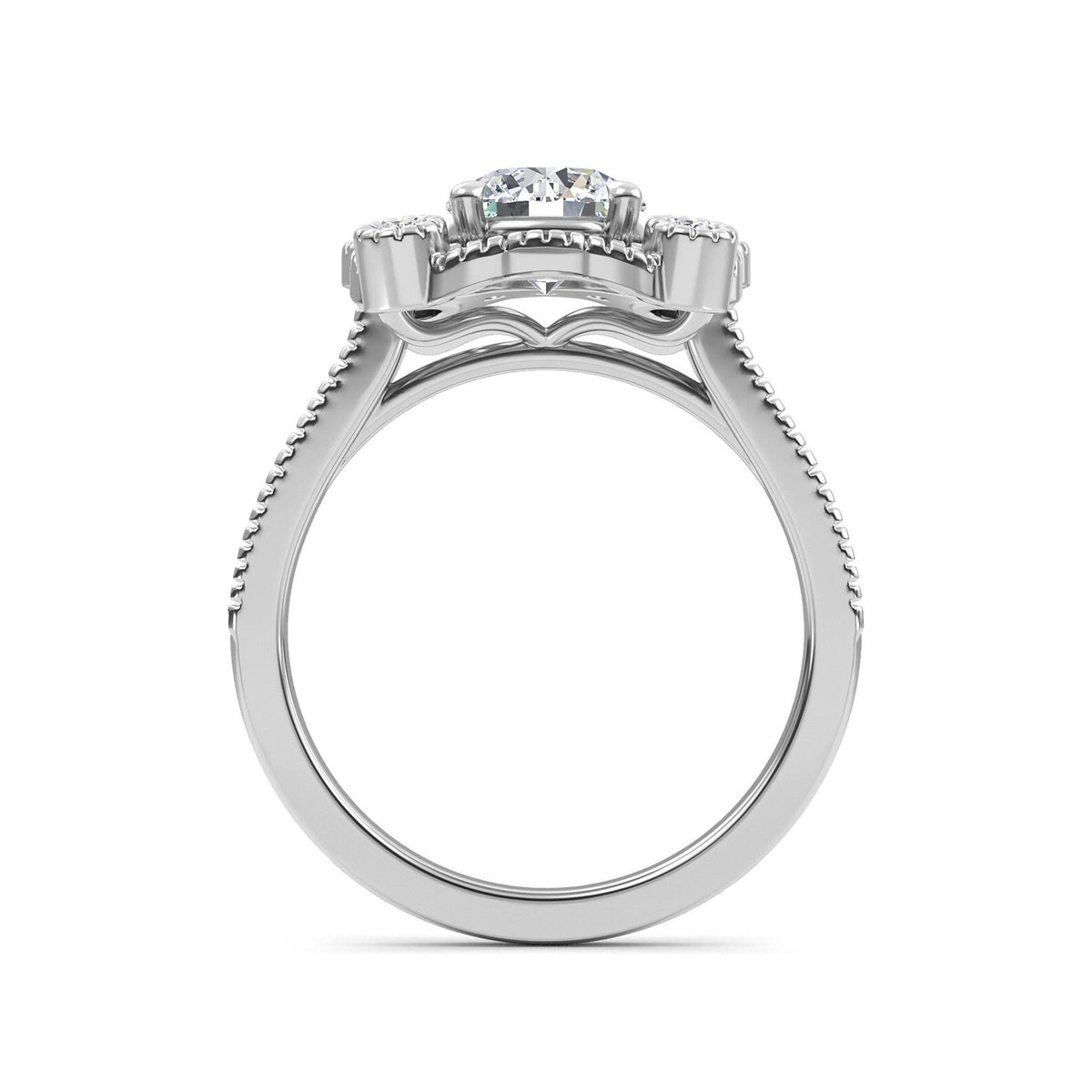 Side arch profile view of a 2 CT round lab-grown diamond vintage engagement ring showing cathedral gallery detail in white gold.