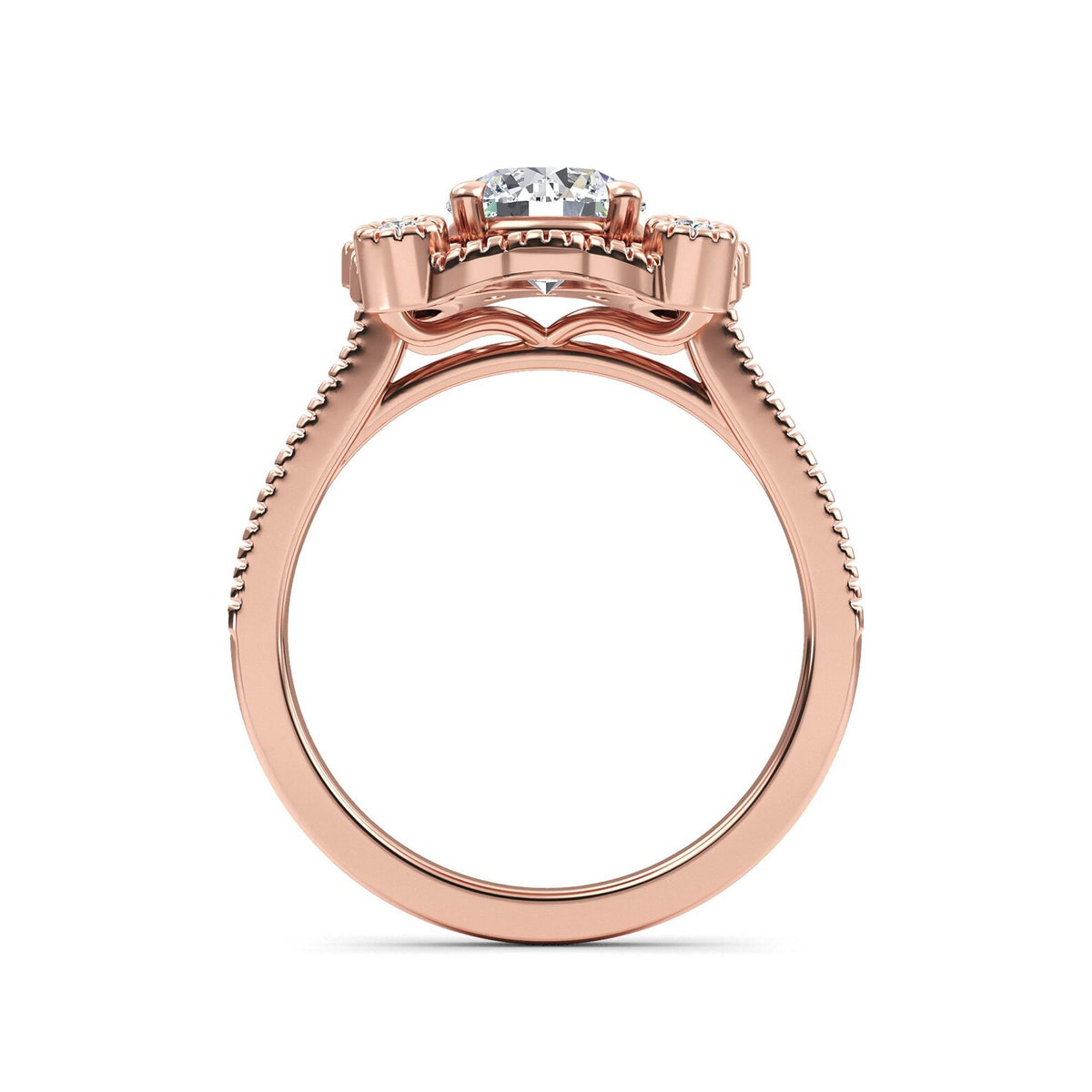 Side profile view of a 2 carat round lab diamond vintage halo ring in 14K rose gold with intricate bridge curves.