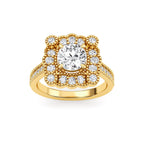 Top-down view of a 2 CT round lab-grown diamond engagement ring with a scalloped floral halo and milgrain accents in yellow gold.