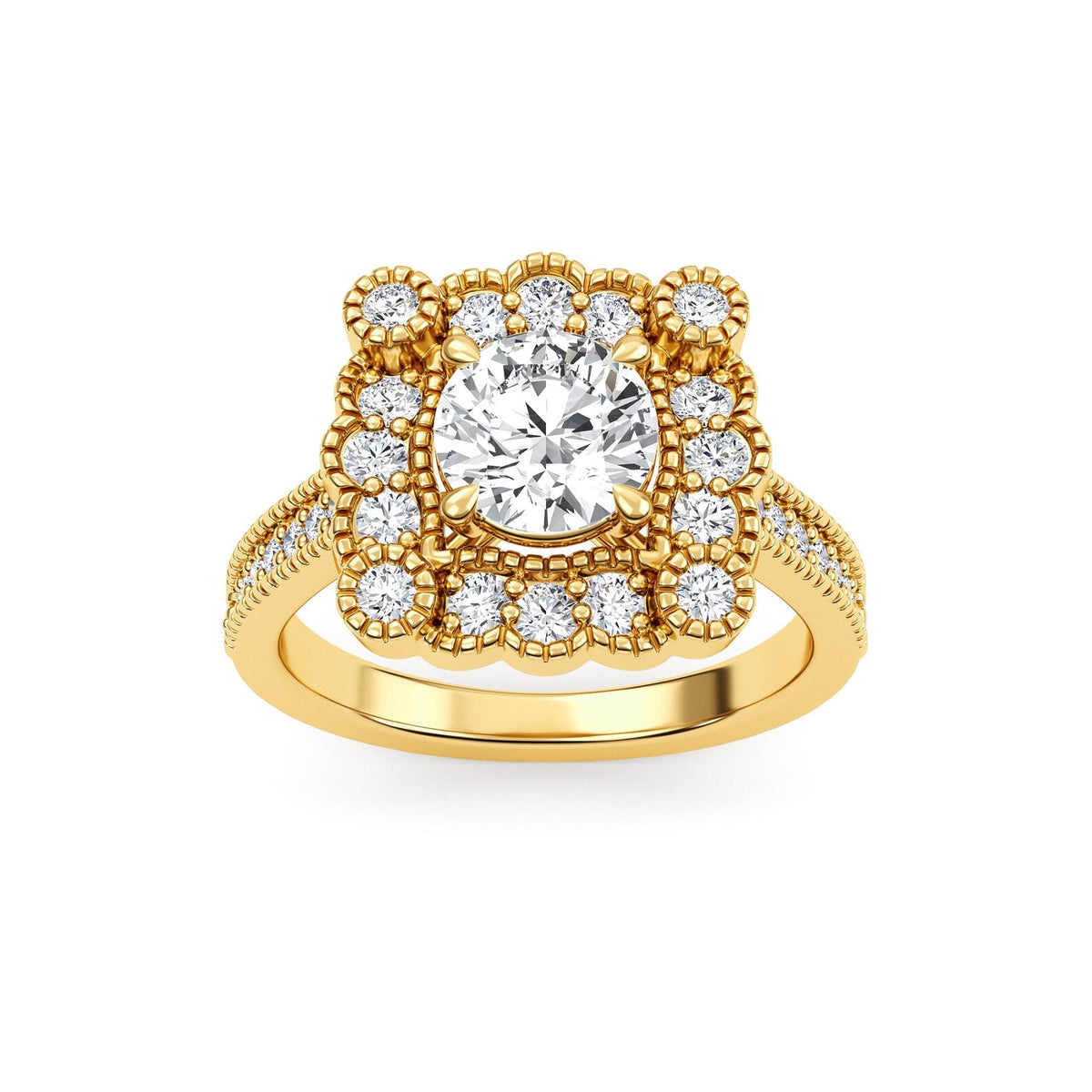 Top-down view of a 2 CT round lab-grown diamond engagement ring with a scalloped floral halo and milgrain accents in yellow gold.
