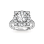 Direct top view of a 2 CT round brilliant lab diamond ring with an intricate vintage floral halo setting in white gold.