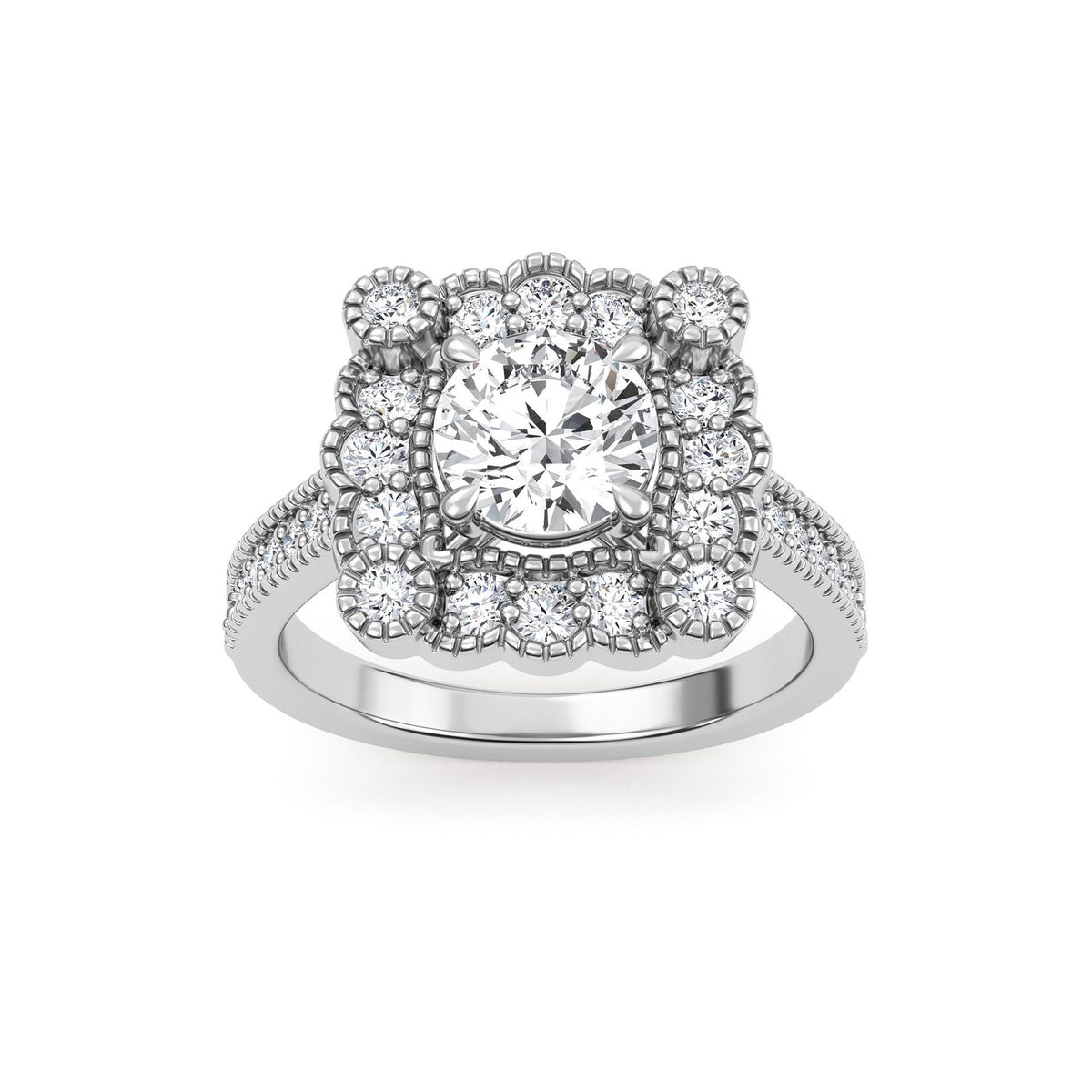 Direct top view of a 2 CT round brilliant lab diamond ring with an intricate vintage floral halo setting in white gold.