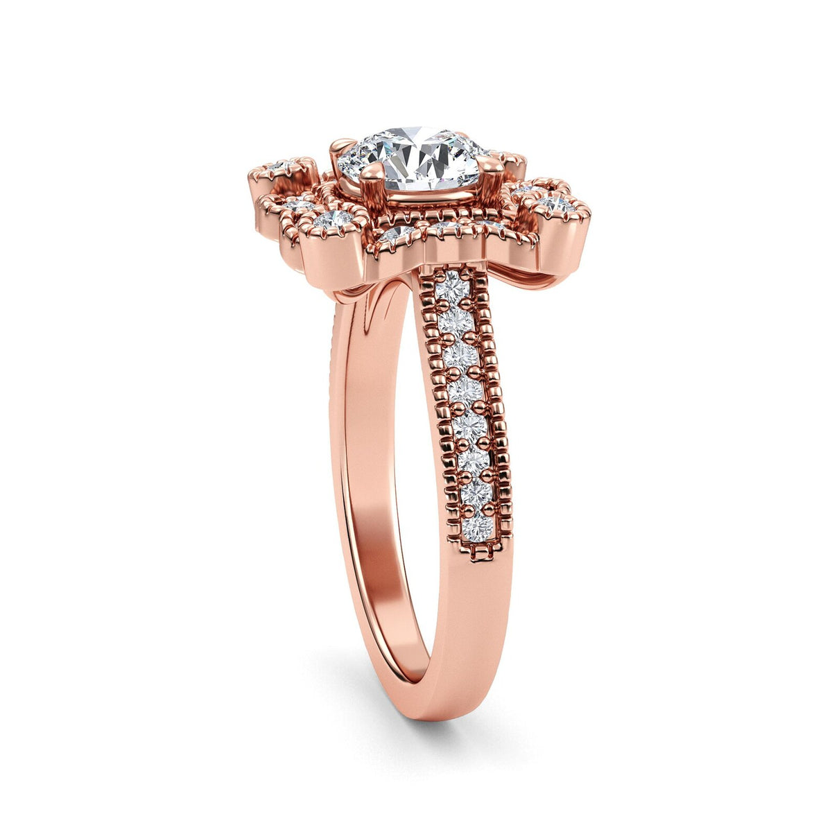 Three-quarter angle view of a 2 CT round lab-grown diamond engagement ring in 14K rose gold with milgrain pave band.