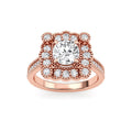 Top view of a 2 CT round brilliant lab diamond engagement ring with a scalloped vintage floral frame in rose gold.