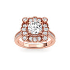 Top view of a 2 CT round brilliant lab diamond engagement ring with a scalloped vintage floral frame in rose gold.