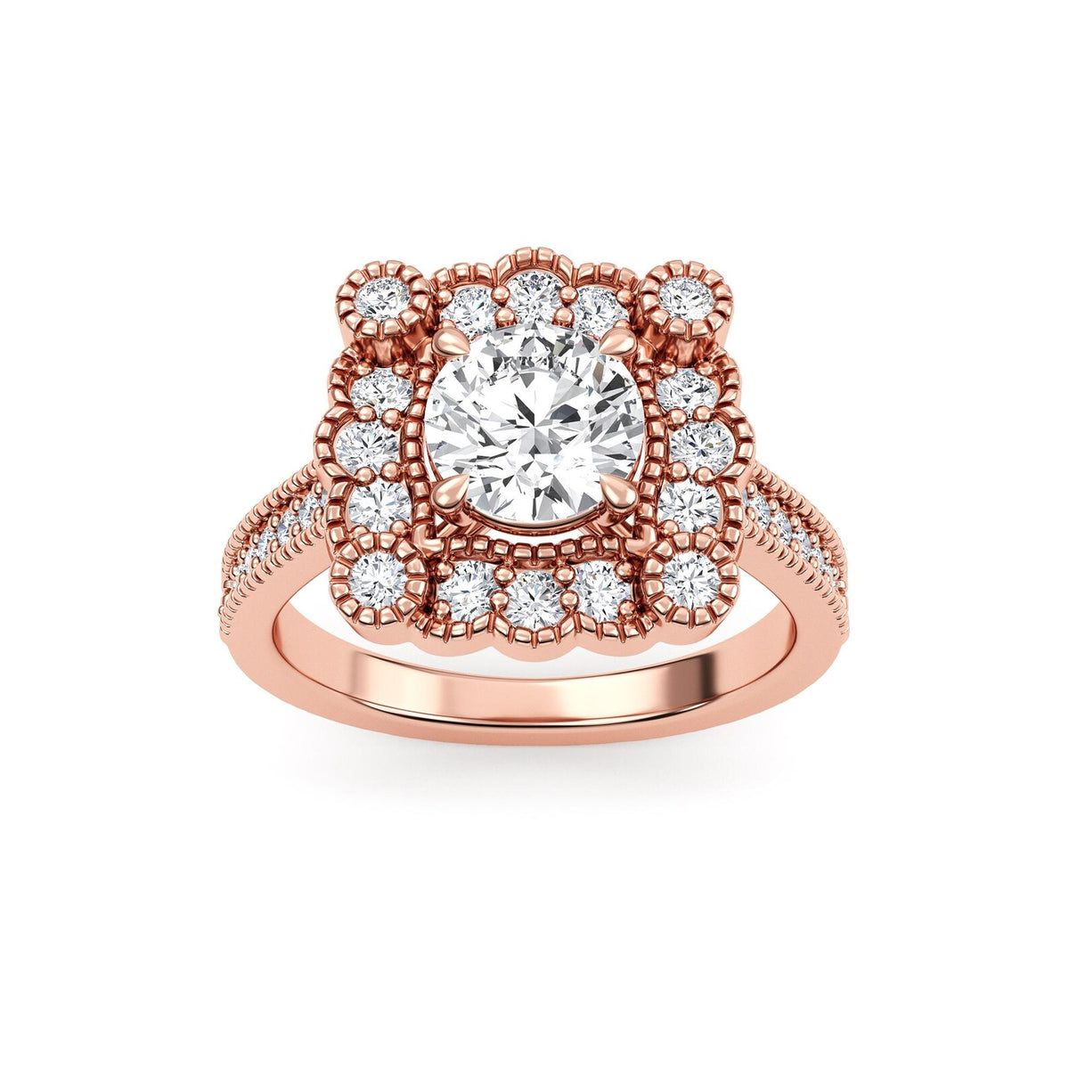 Top view of a 2 CT round brilliant lab diamond engagement ring with a scalloped vintage floral frame in rose gold.