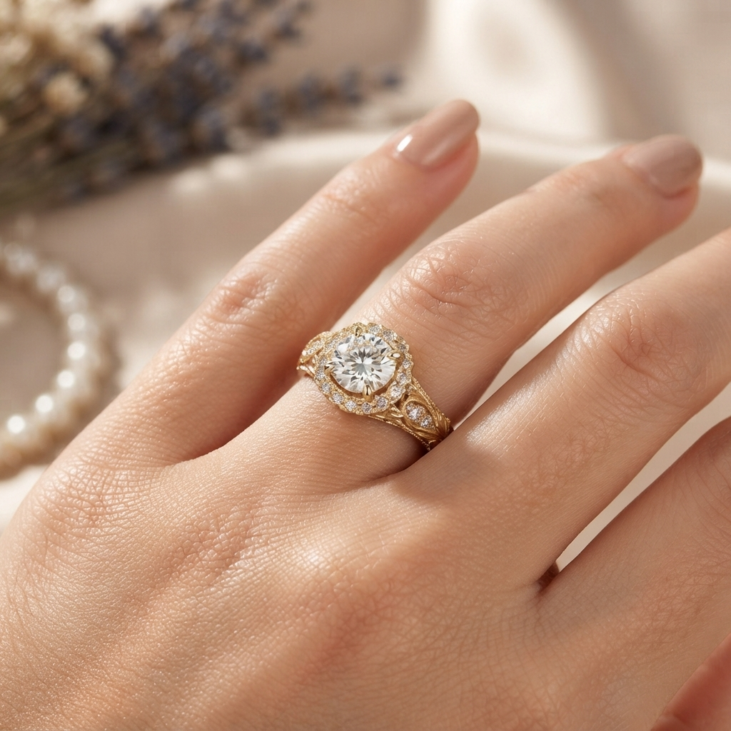 A close-up of a hand wearing a gold ring with a large round clear center stone and small surrounding stones, photographed against a soft cream fabric background with blurred dried flowers and a pearl strand.