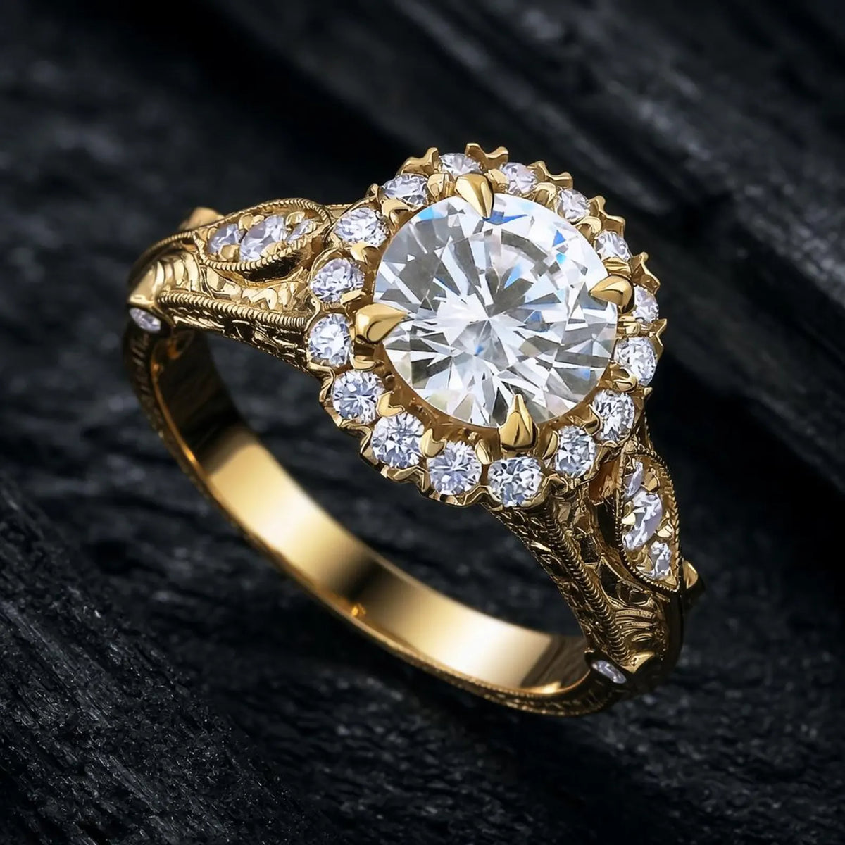 A gold ring with a large round clear center stone and multiple surrounding clear accent stones, photographed close up on a dark textured surface.