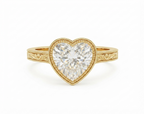 Top view of a 3 carat heart cut lab grown diamond engagement ring in yellow gold with milgrain bezel setting.