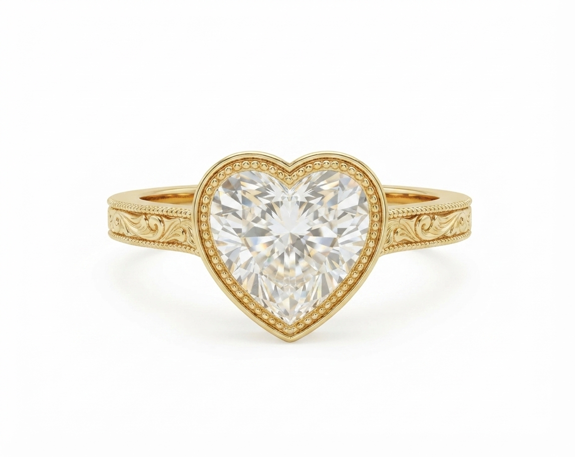 Top view of a 3 carat heart cut lab grown diamond engagement ring in yellow gold with milgrain bezel setting.