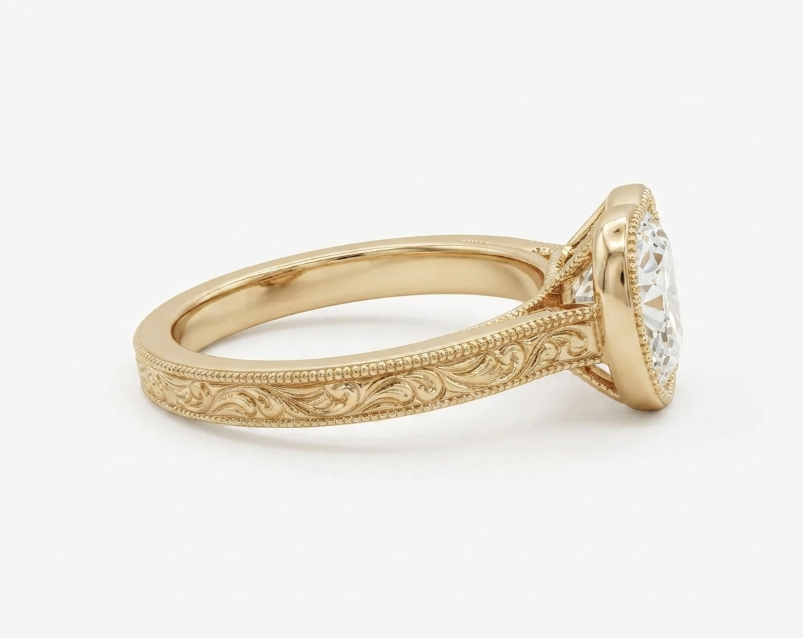 Side profile view showing intricate vintage scroll engravings and gallery details of the yellow gold heart diamond ring.