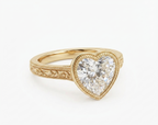 Angled perspective showcasing the brilliant sparkle and antique-inspired filigree band of the 3 ct heart shaped diamond ring.