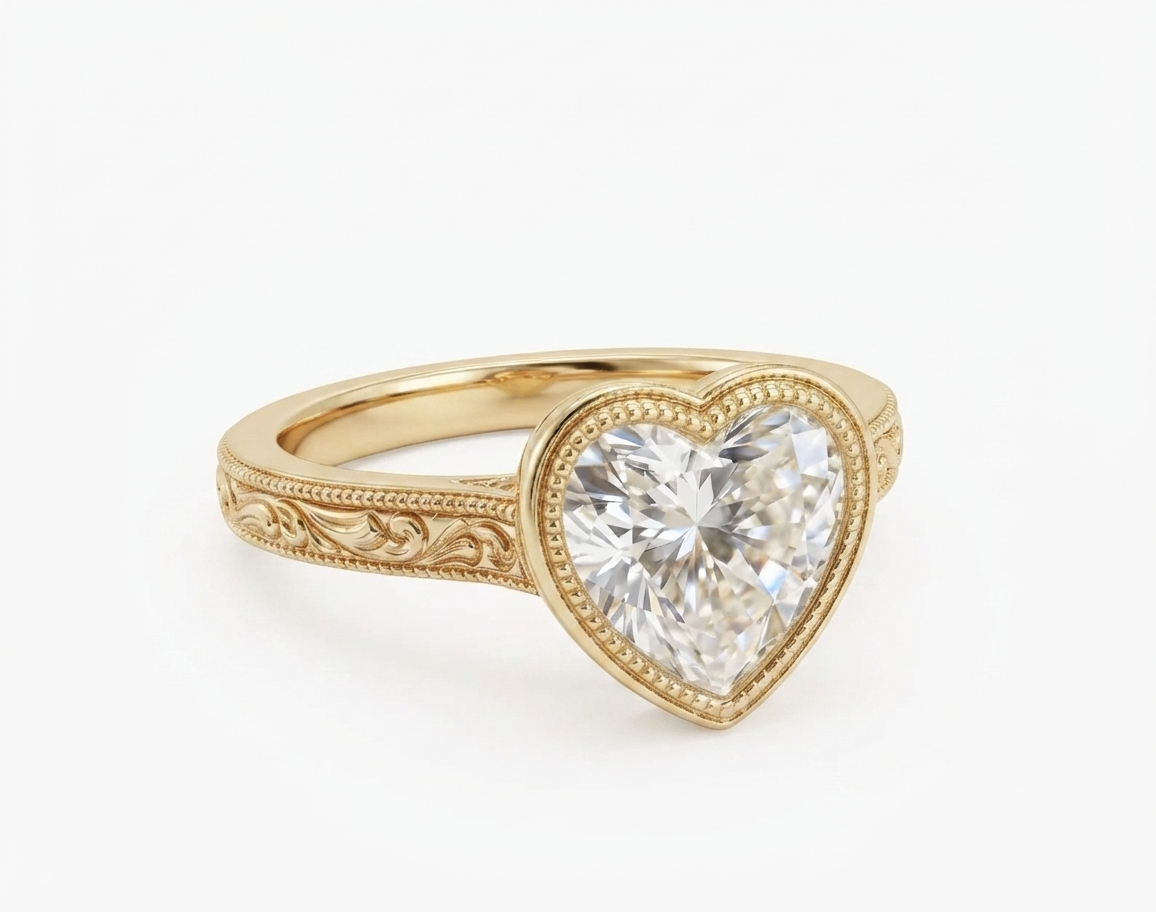 Angled perspective showcasing the brilliant sparkle and antique-inspired filigree band of the 3 ct heart shaped diamond ring.
