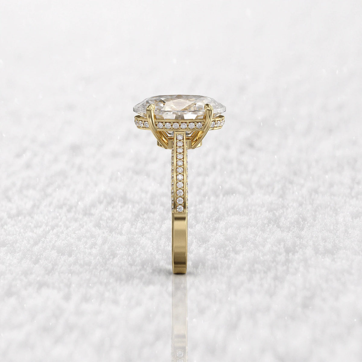 Side profile view highlighting the hidden halo and high-set prongs of the oval diamond ring.