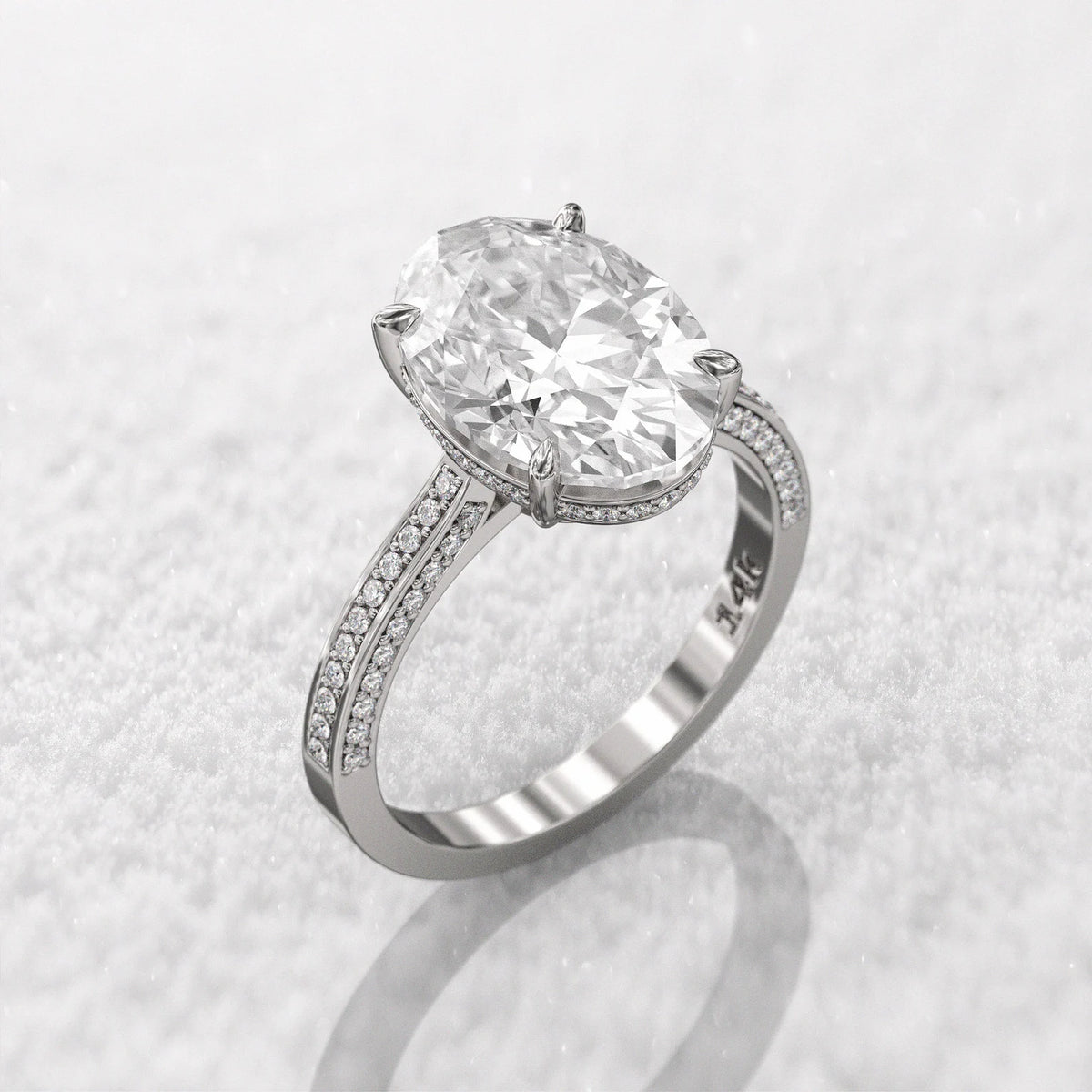 White gold/platinum variant of the 5 carat oval lab-grown diamond pave ring.