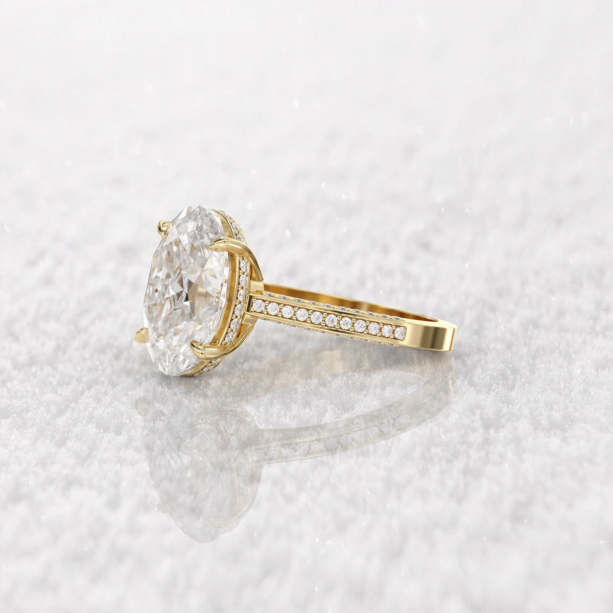 Close-up side perspective showing the intricate pave stone alignment along the gold band.