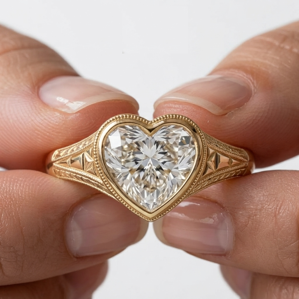 Close-up hands holding a 3 carat heart cut lab grown diamond ring with antique engraved band.