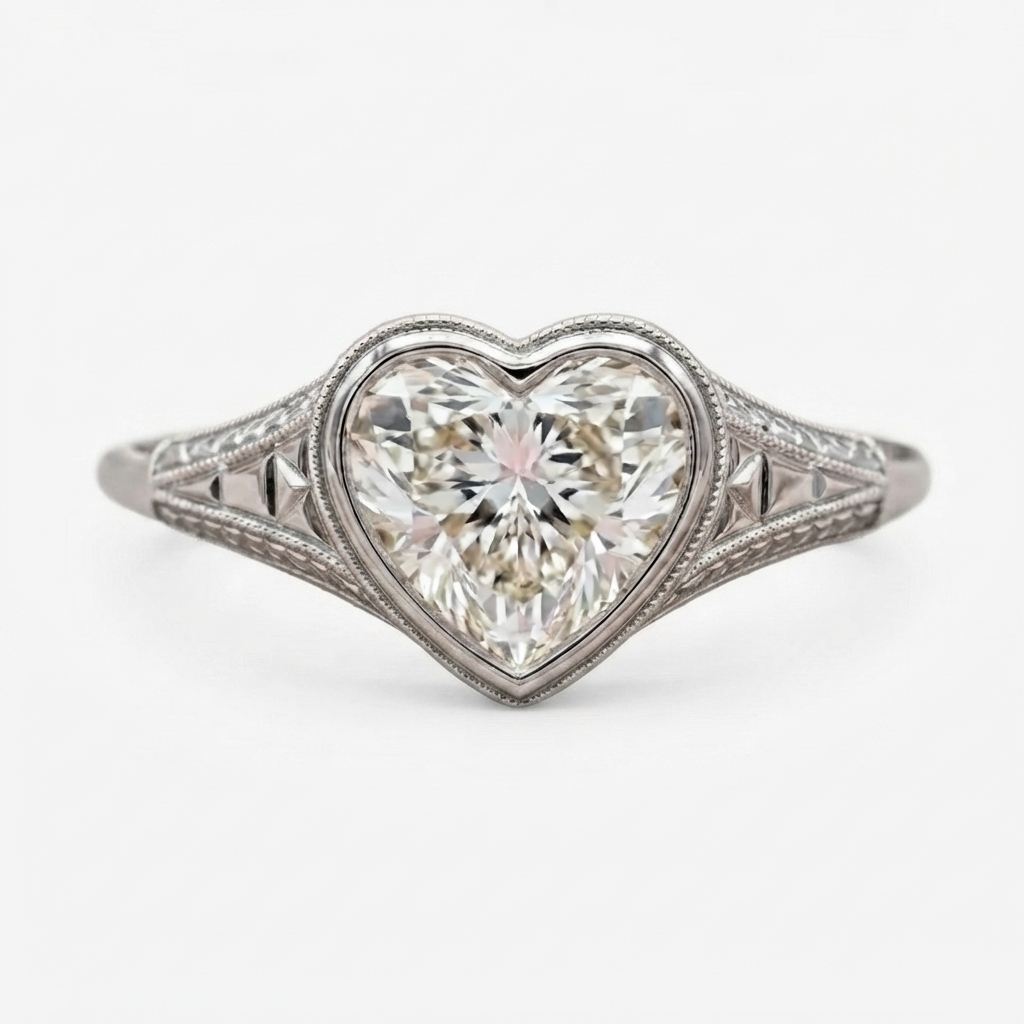 Front view of the 3 ct heart shaped lab grown diamond ring in a white gold or platinum finish.
