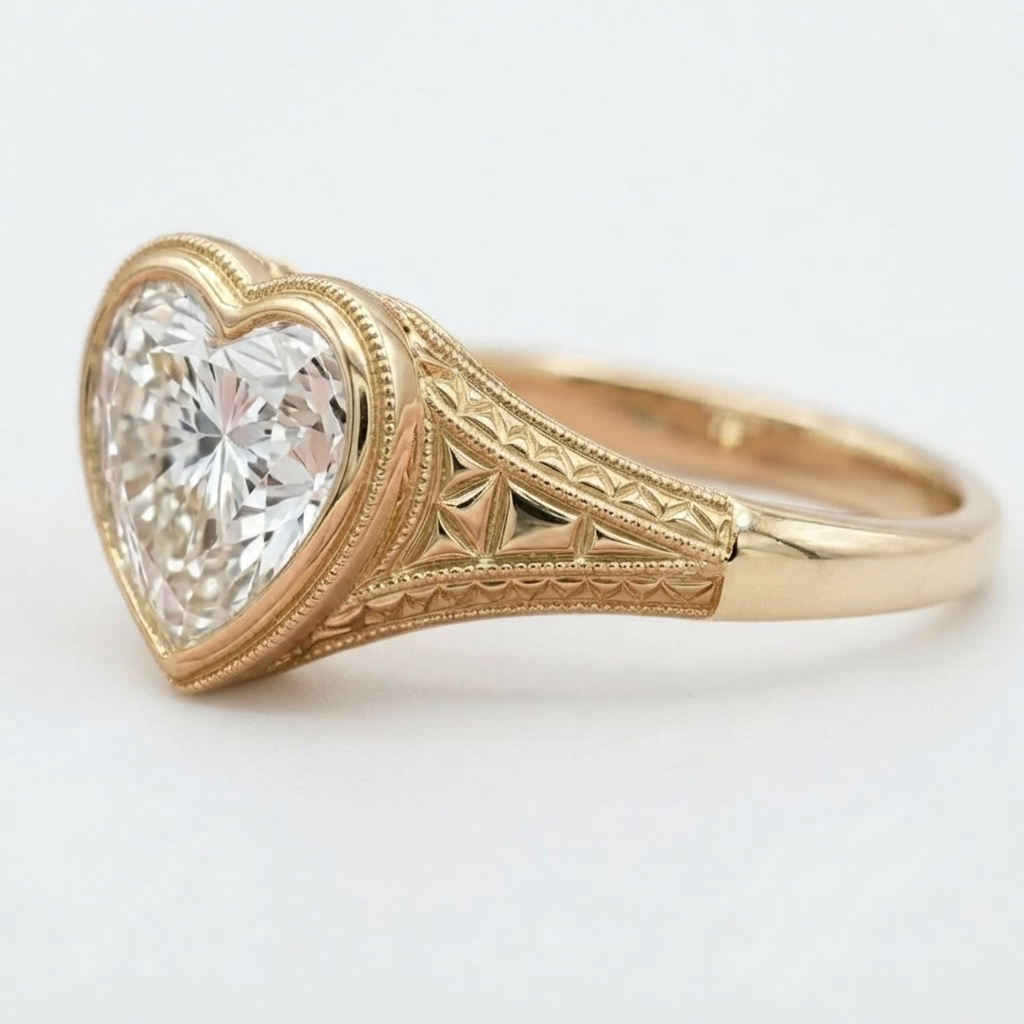 Side profile perspective highlighting the detailed geometric engravings on the yellow gold ring shank.