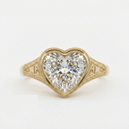 Direct overhead view of the 3 carat heart cut diamond securely set in a milgrain bezel mounting.