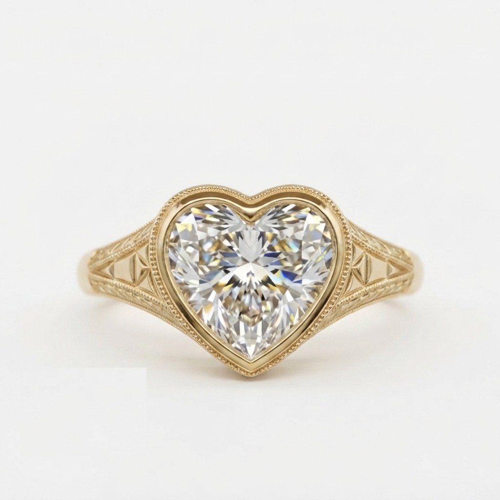 Direct overhead view of the 3 carat heart cut diamond securely set in a milgrain bezel mounting.