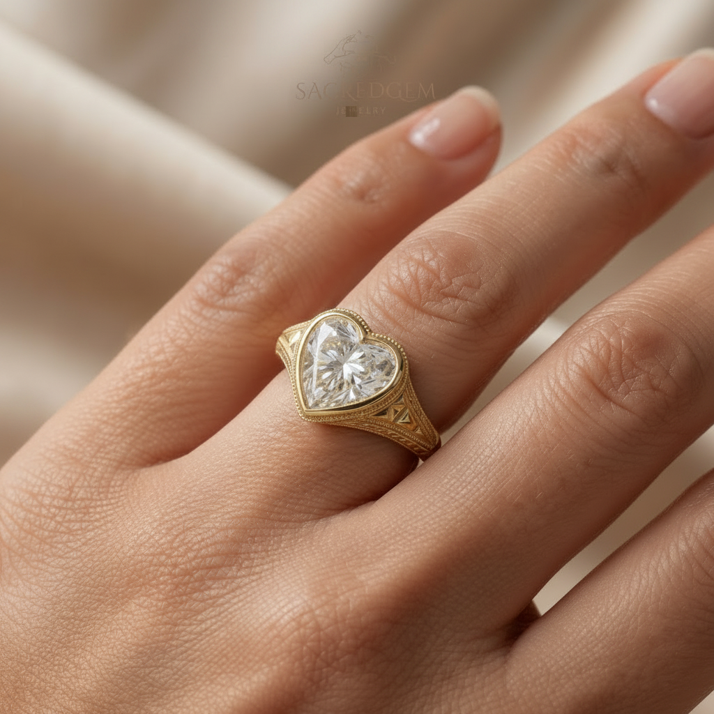 Lifestyle shot showing the 3 ct heart cut vintage lab grown diamond ring worn on a hand.