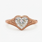 Front view of the vintage-inspired heart cut lab grown diamond ring crafted in warm rose gold.