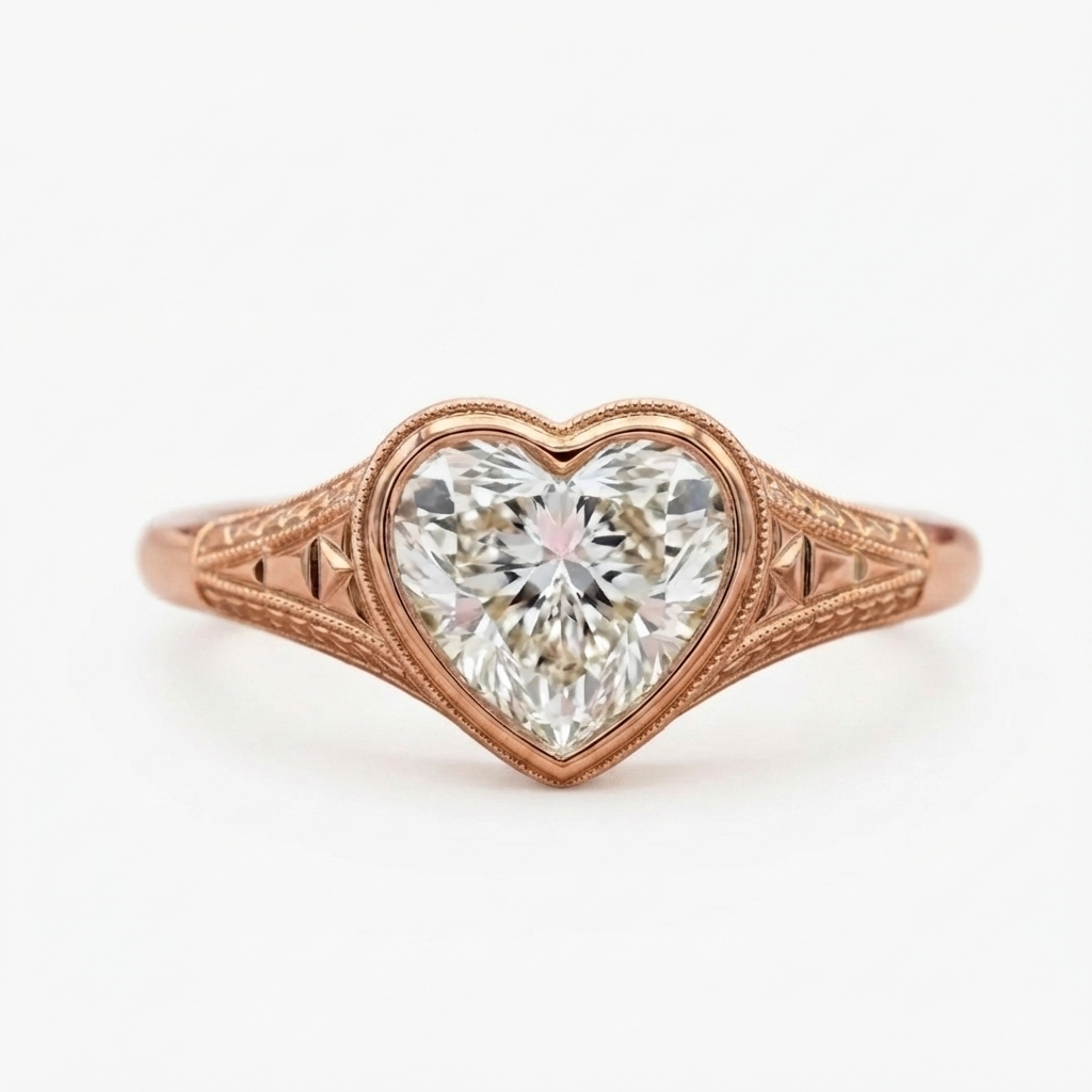 Front view of the vintage-inspired heart cut lab grown diamond ring crafted in warm rose gold.