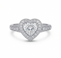 Direct overhead view of a 2 carat heart cut lab grown diamond halo ring in white gold.