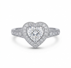 Direct overhead view of a 2 carat heart cut lab grown diamond halo ring in white gold.