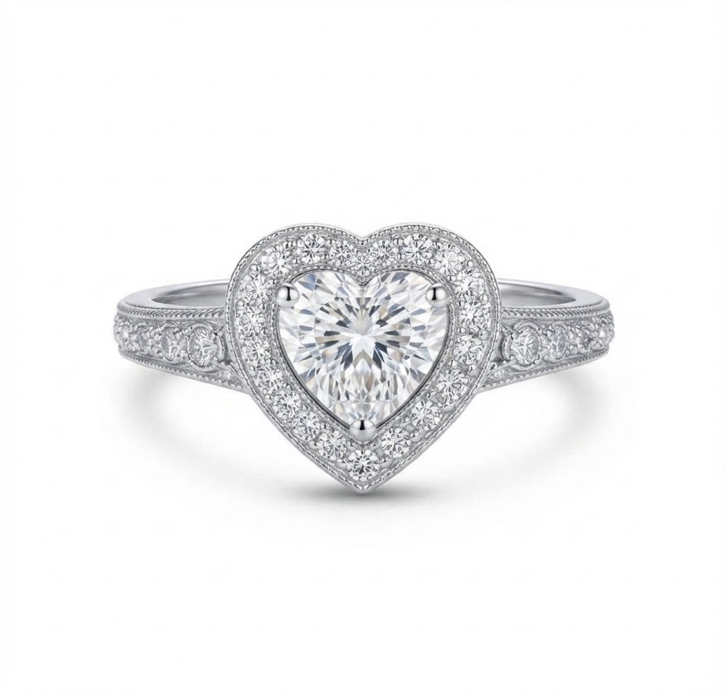 Direct overhead view of a 2 carat heart cut lab grown diamond halo ring in white gold.