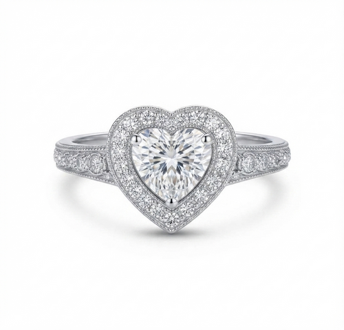 Direct overhead view of a 2 carat heart cut lab grown diamond halo ring in white gold.
