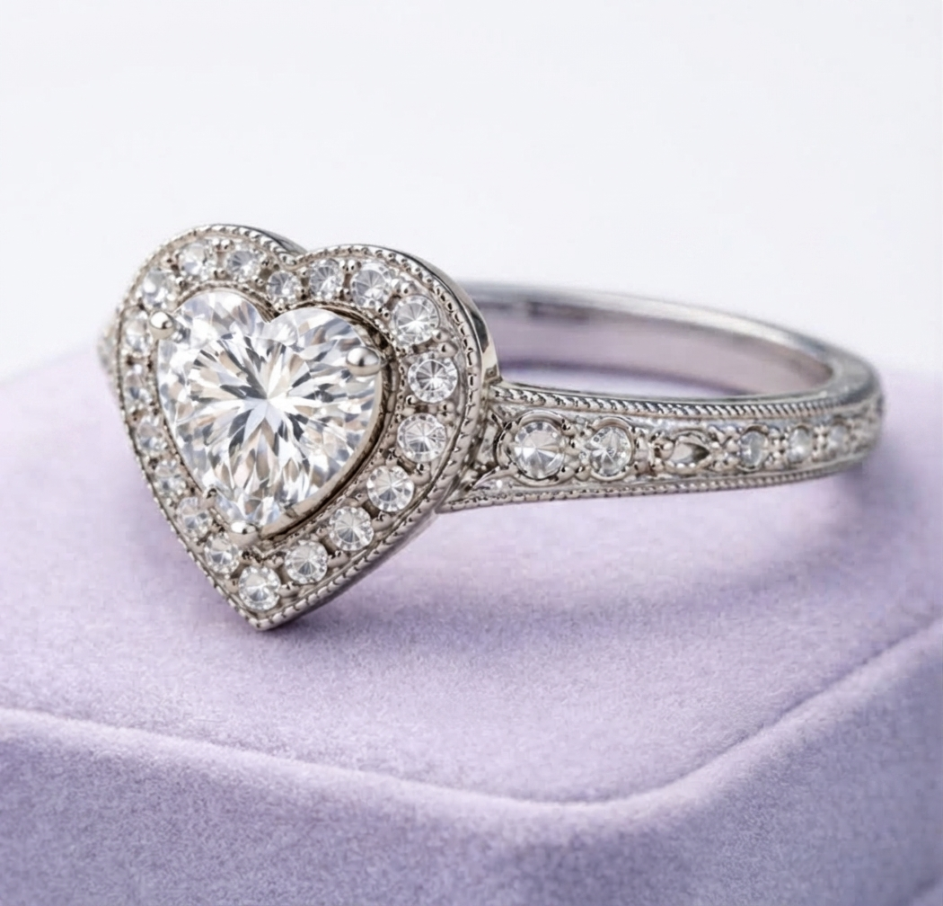 Angled perspective showcasing the sparkling halo and pave band resting on a soft surface.