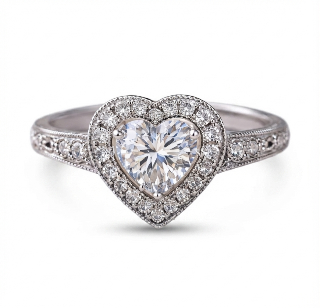 Front view highlighting the symmetrical heart-shaped center stone and surrounding diamond halo.