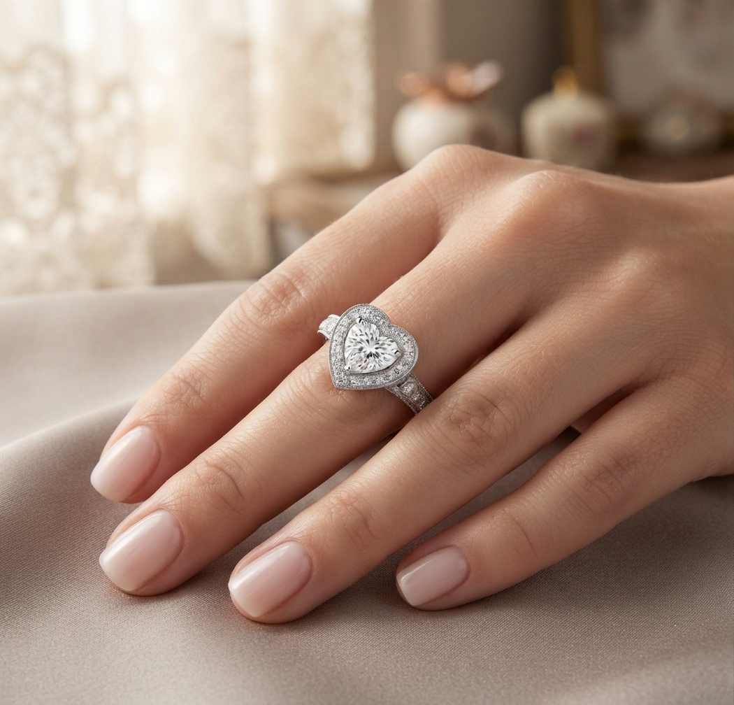 A heart-shaped diamond ring with a halo setting in silver-toned metal, worn on a hand with pale pink manicured nails, resting on a soft beige fabric surface.