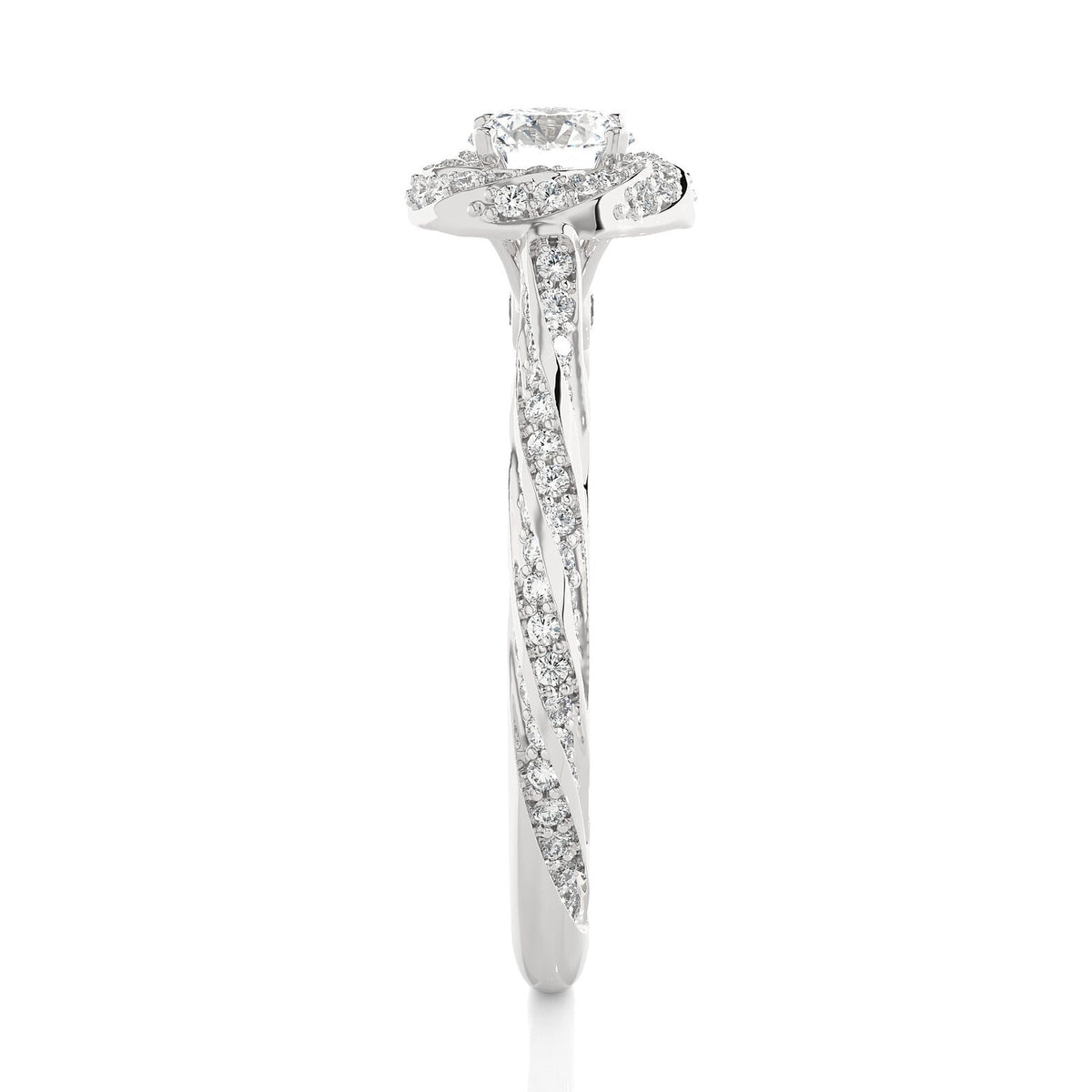 A silver diamond engagement ring with a round-cut center stone and a halo of smaller diamonds, featuring a twisted shank paved with diamonds, shown on a white background.