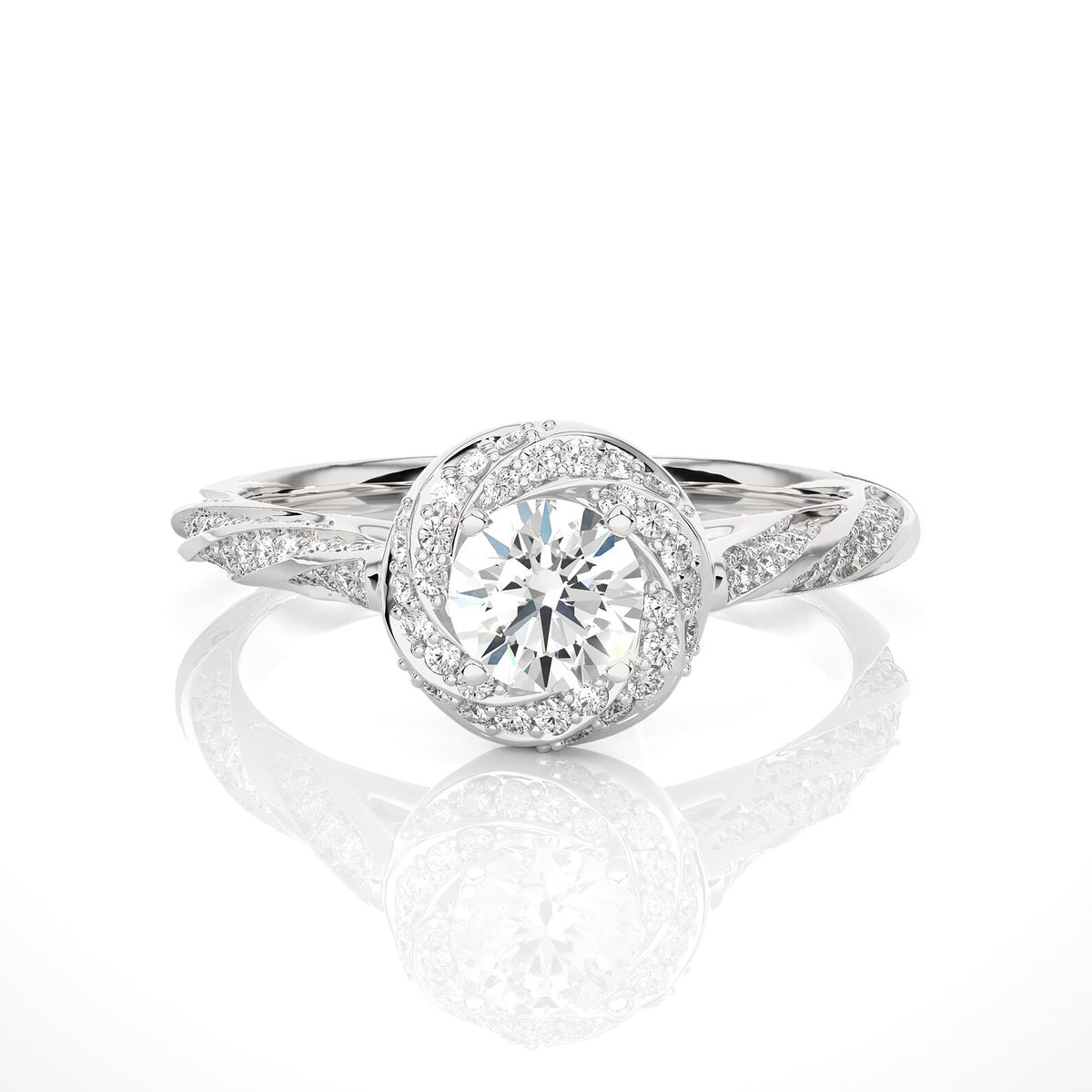 top-down-view-of-round-cut-lab-grown-diamond-halo-engagement-ring-white-gold